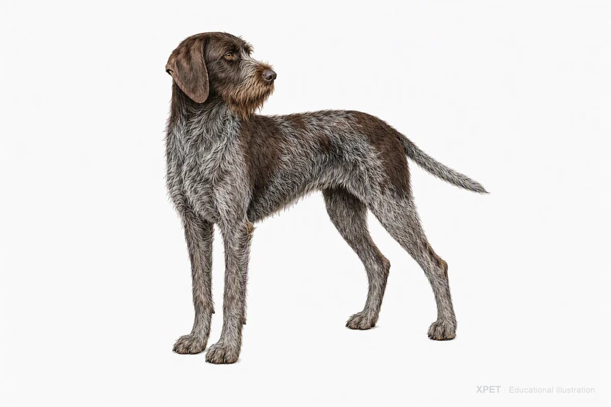 Original XPET engraving and watercolor illustration of German Wirehaired Pointer: a complete three-quarter standing view.