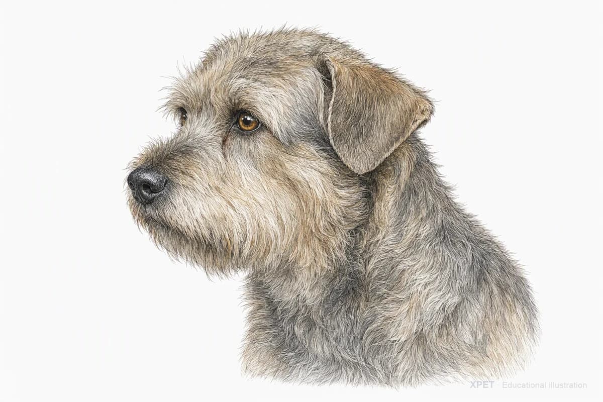 Original XPET engraving and watercolor illustration of Glen of Imaal Terrier: a head and coat detail study.