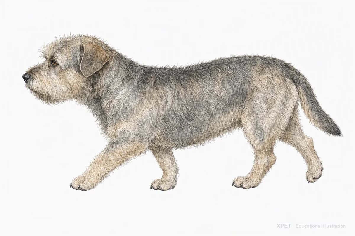 Original XPET engraving and watercolor illustration of Glen of Imaal Terrier: a natural movement study.