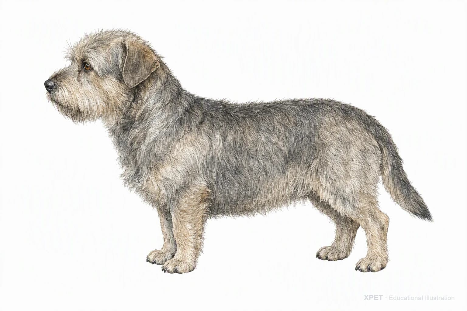 Original XPET engraving and watercolor illustration of Glen of Imaal Terrier: an adult in left-facing profile.