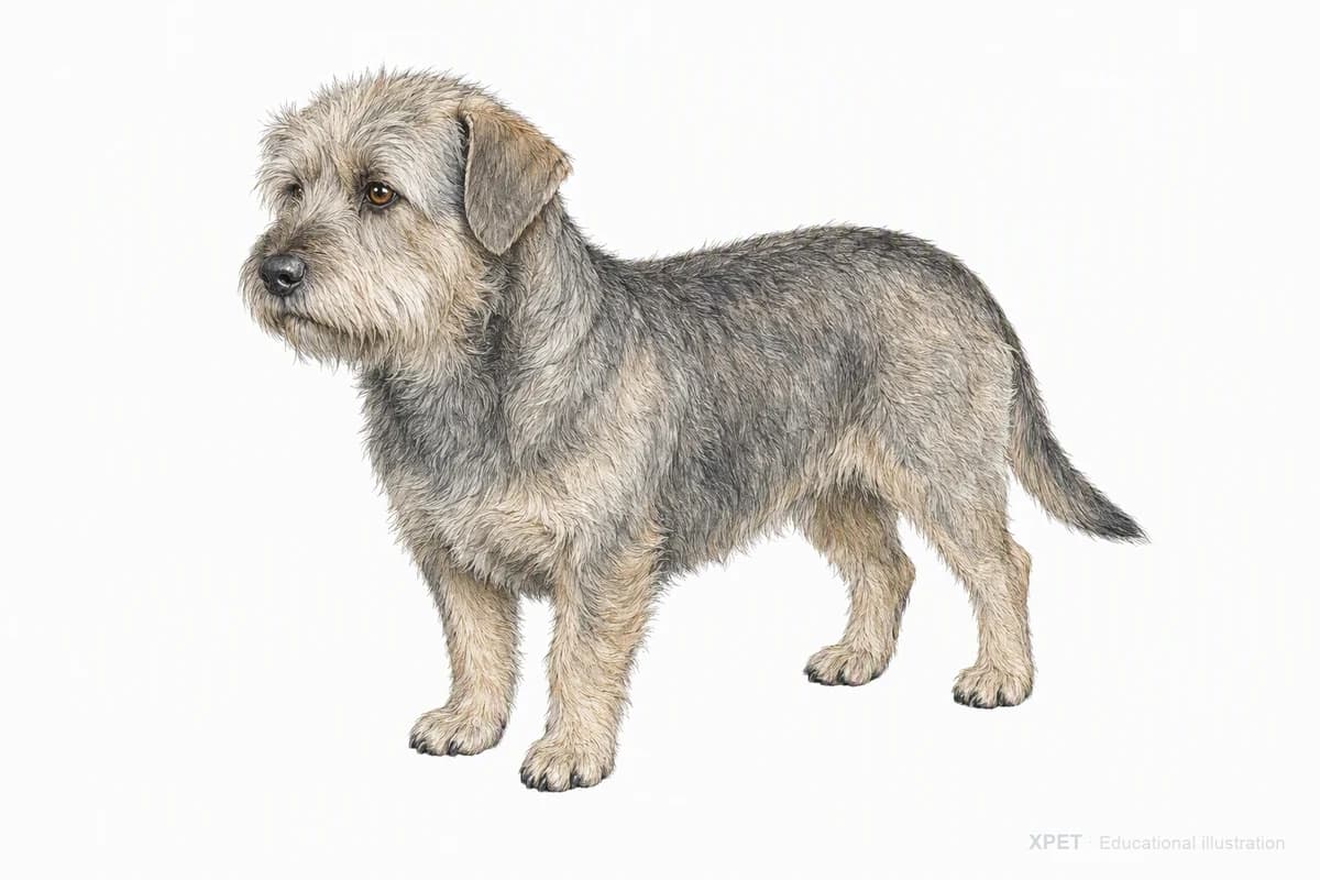 Original XPET engraving and watercolor illustration of Glen of Imaal Terrier: a complete three-quarter standing view.
