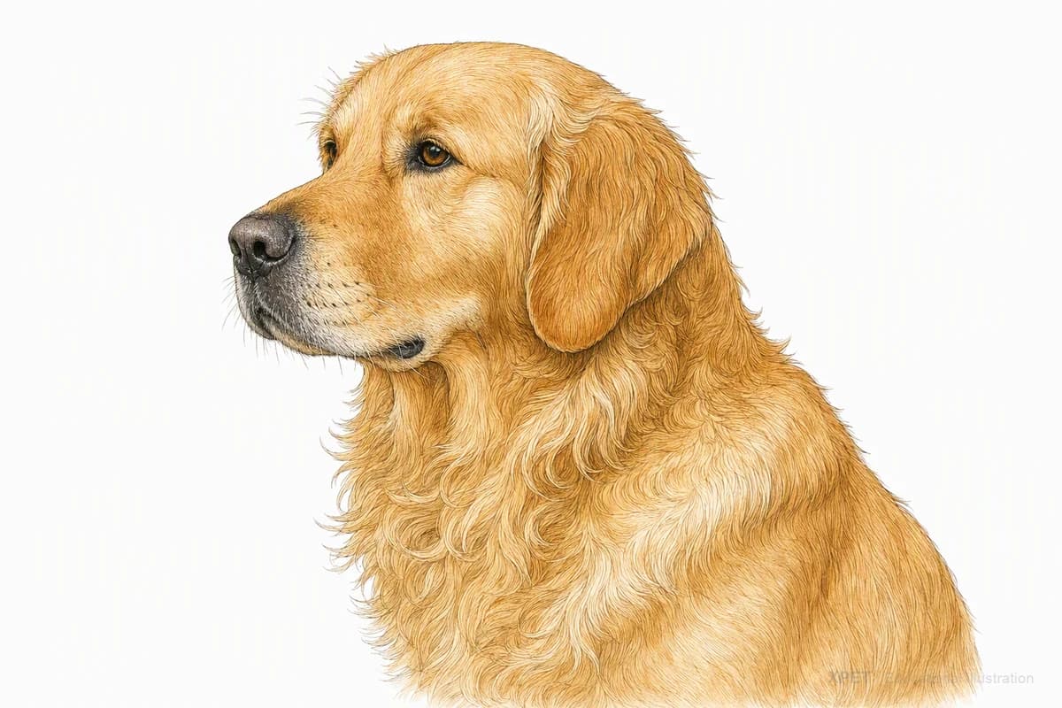 Original XPET engraving and watercolor illustration of Golden Retriever: a head and coat detail study.