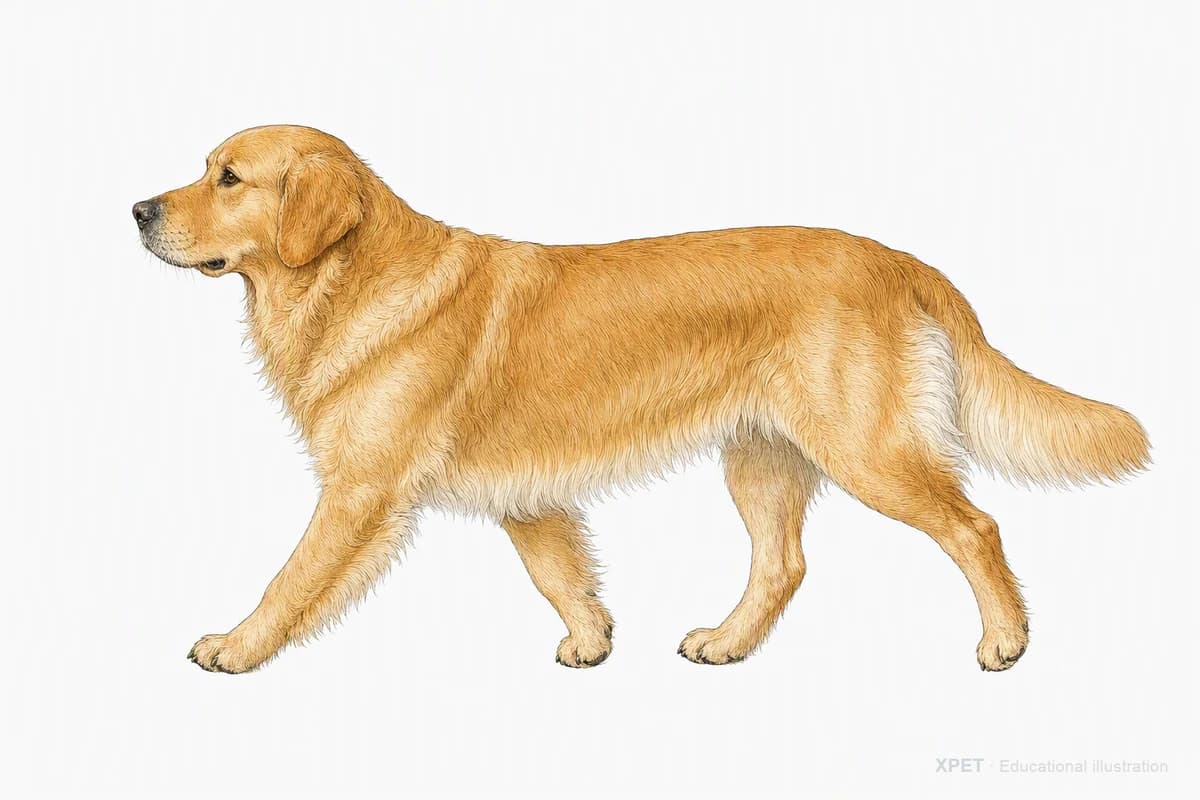 Original XPET engraving and watercolor illustration of Golden Retriever: a natural movement study.