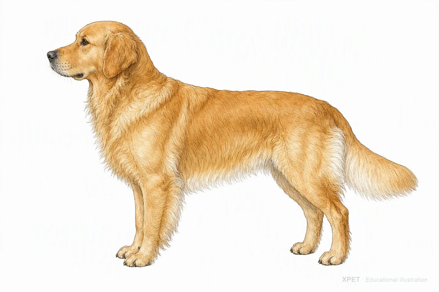 Original XPET engraving and watercolor illustration of Golden Retriever: an adult in left-facing profile.