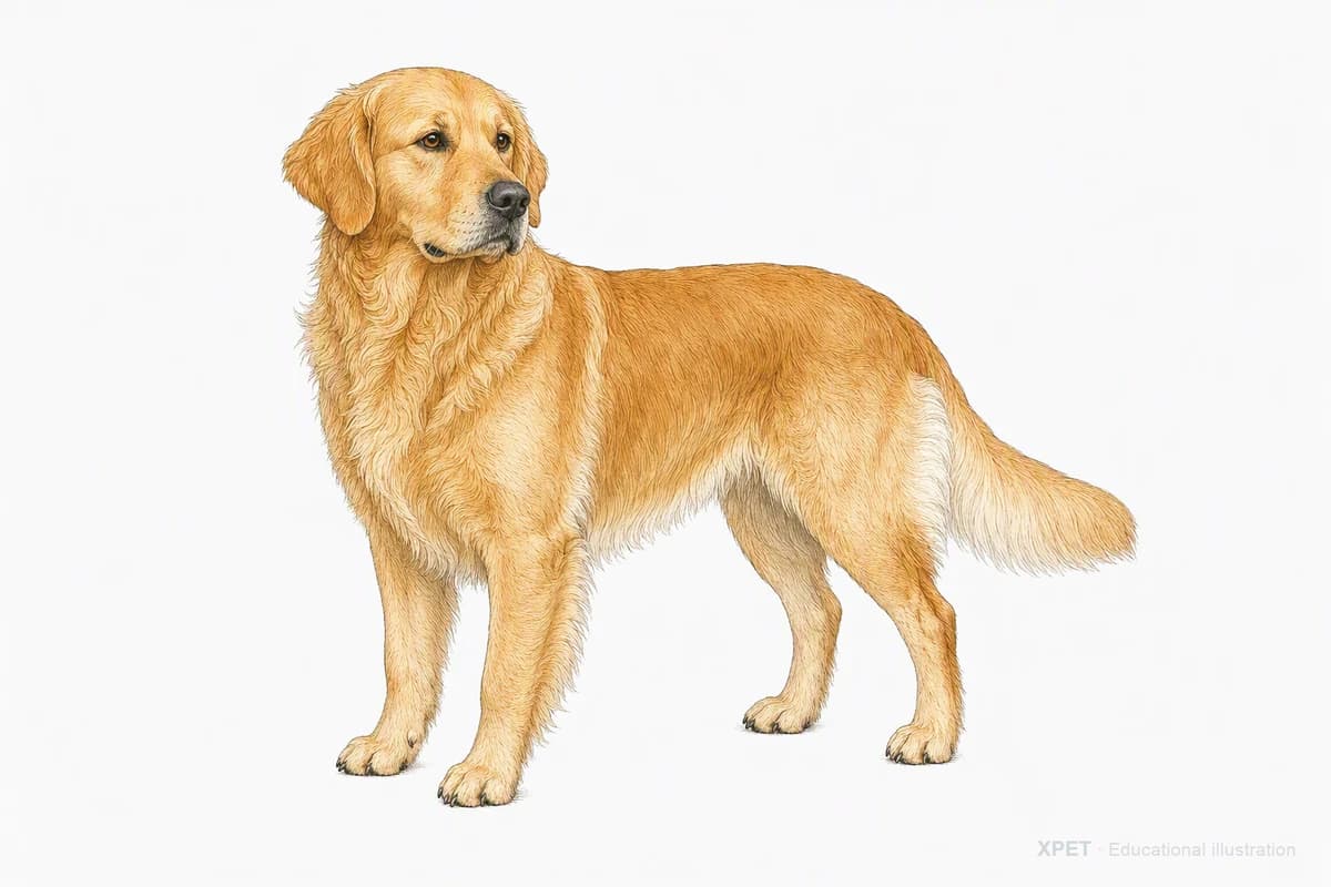 Original XPET engraving and watercolor illustration of Golden Retriever: a complete three-quarter standing view.