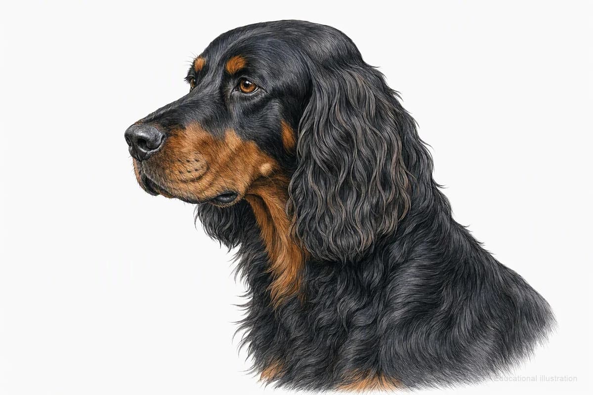 Original XPET engraving and watercolor illustration of Gordon Setter: a head and coat detail study.