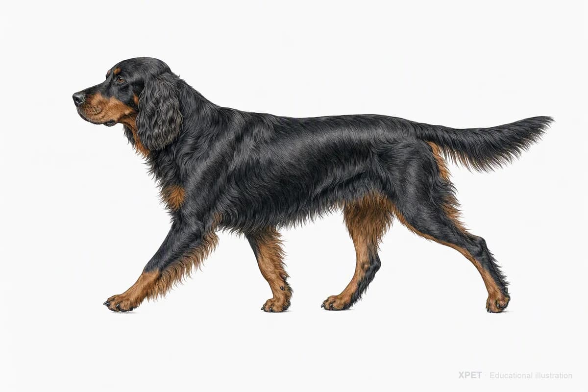Original XPET engraving and watercolor illustration of Gordon Setter: a natural movement study.