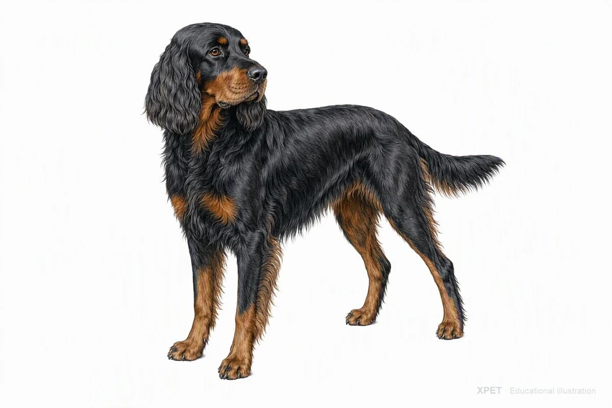 Original XPET engraving and watercolor illustration of Gordon Setter: a complete three-quarter standing view.