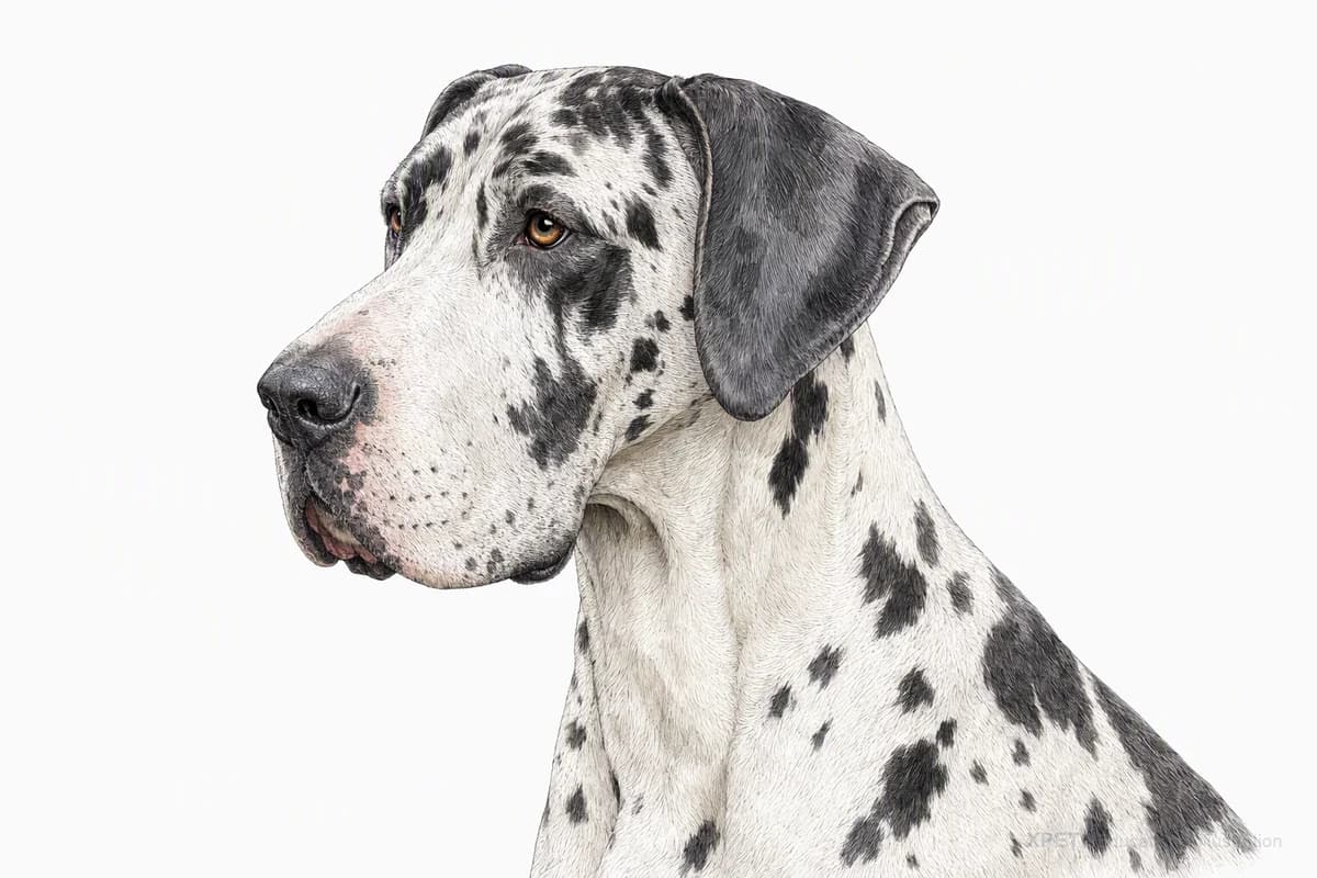 Original XPET engraving and watercolor illustration of Great Dane: a head and coat detail study.