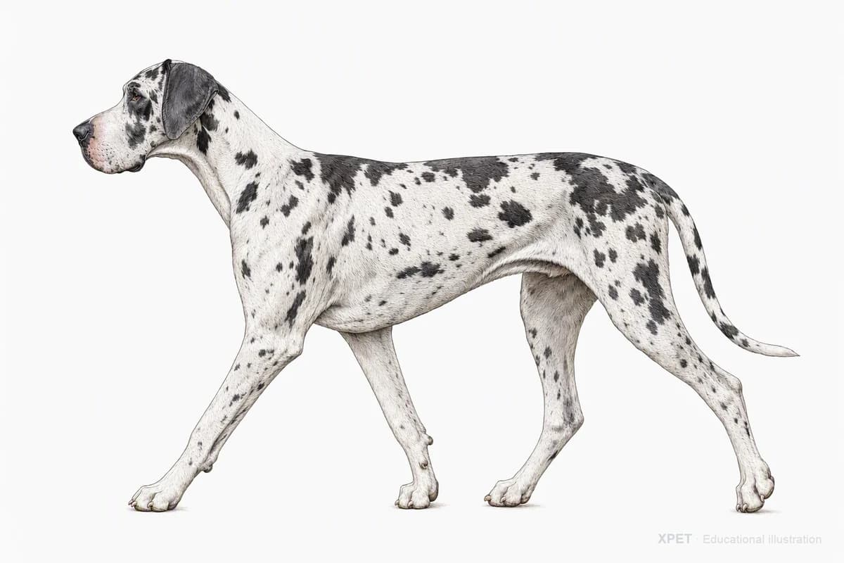 Original XPET engraving and watercolor illustration of Great Dane: a natural movement study.
