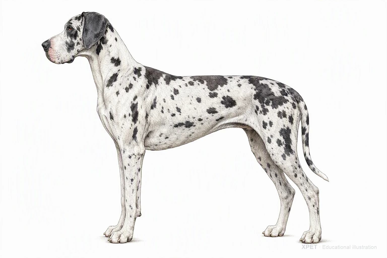 Original XPET engraving and watercolor illustration of Great Dane: an adult in left-facing profile.