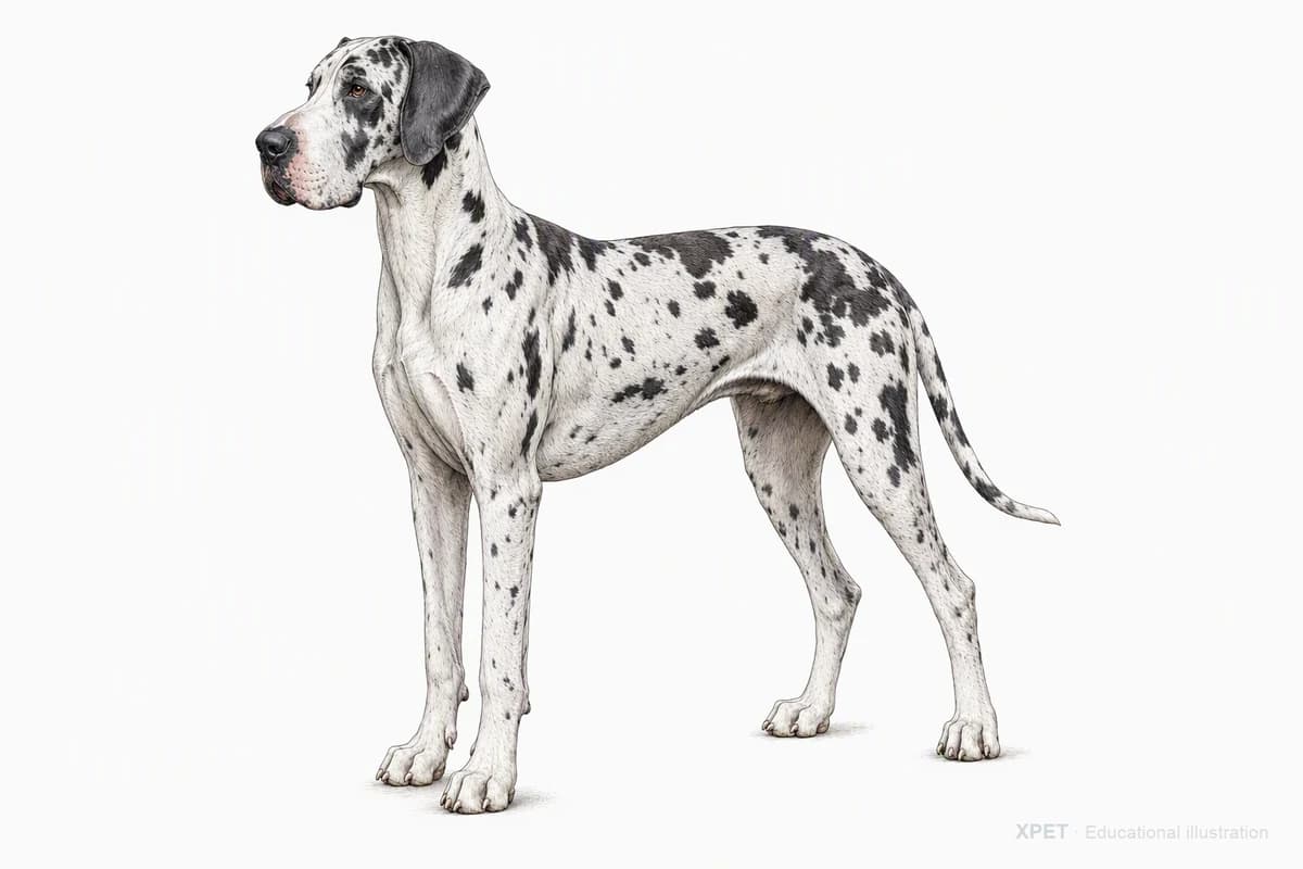 Original XPET engraving and watercolor illustration of Great Dane: a complete three-quarter standing view.