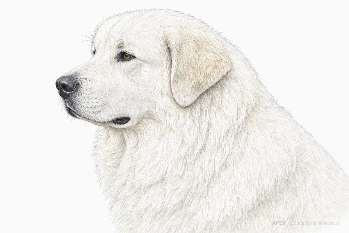 Original XPET engraving and watercolor illustration of Great Pyrenees: a head and coat detail study.