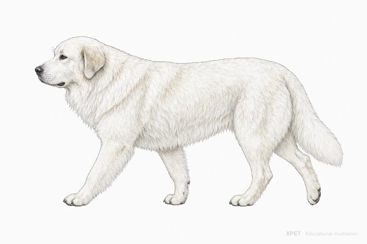 Original XPET engraving and watercolor illustration of Great Pyrenees: a natural movement study.