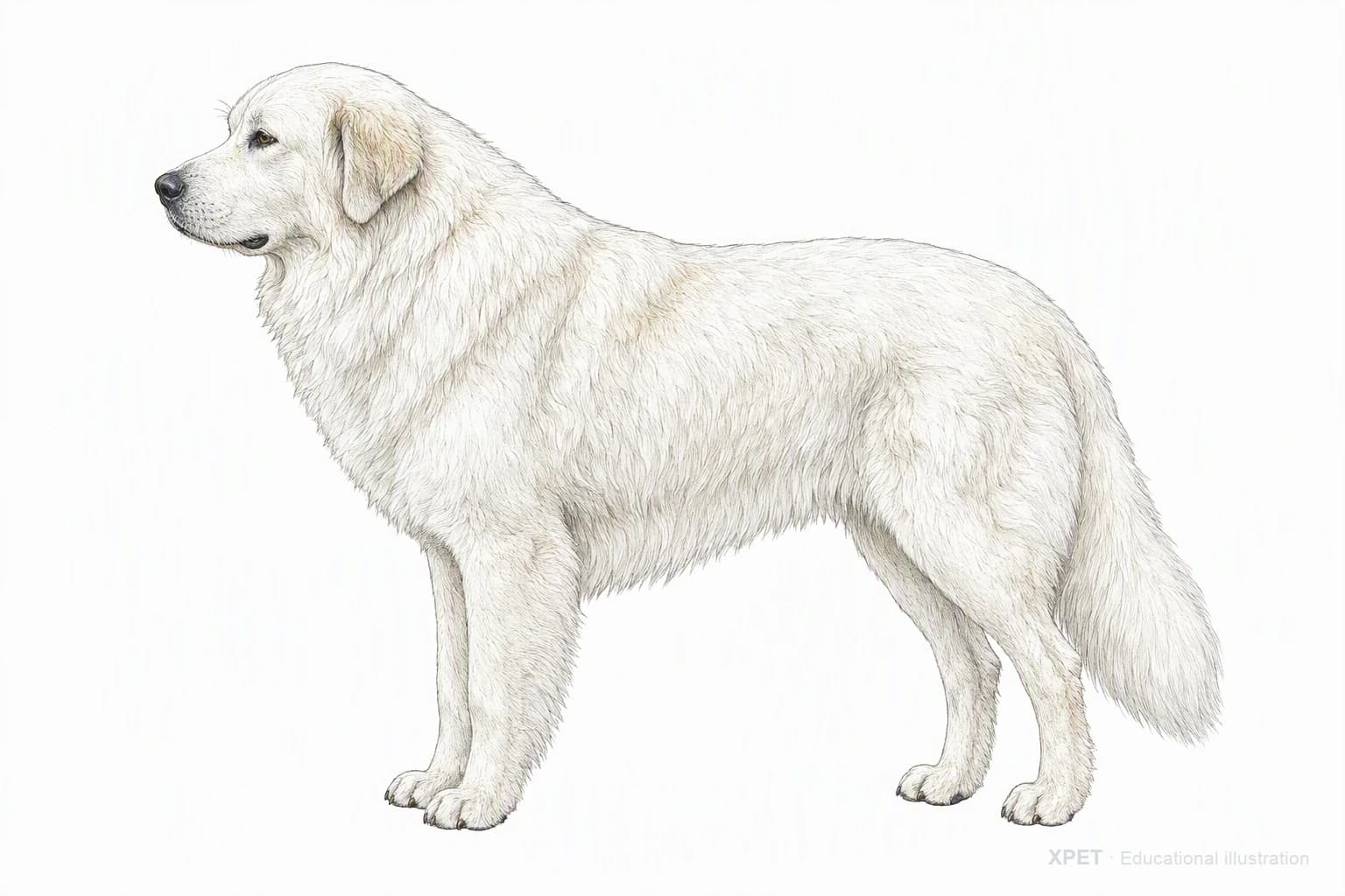 Original XPET engraving and watercolor illustration of Great Pyrenees: an adult in left-facing profile.