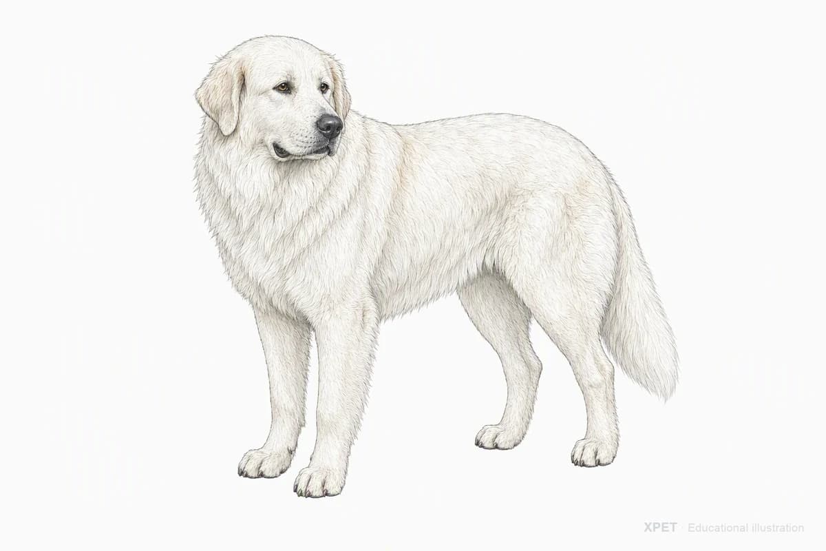 Original XPET engraving and watercolor illustration of Great Pyrenees: a complete three-quarter standing view.