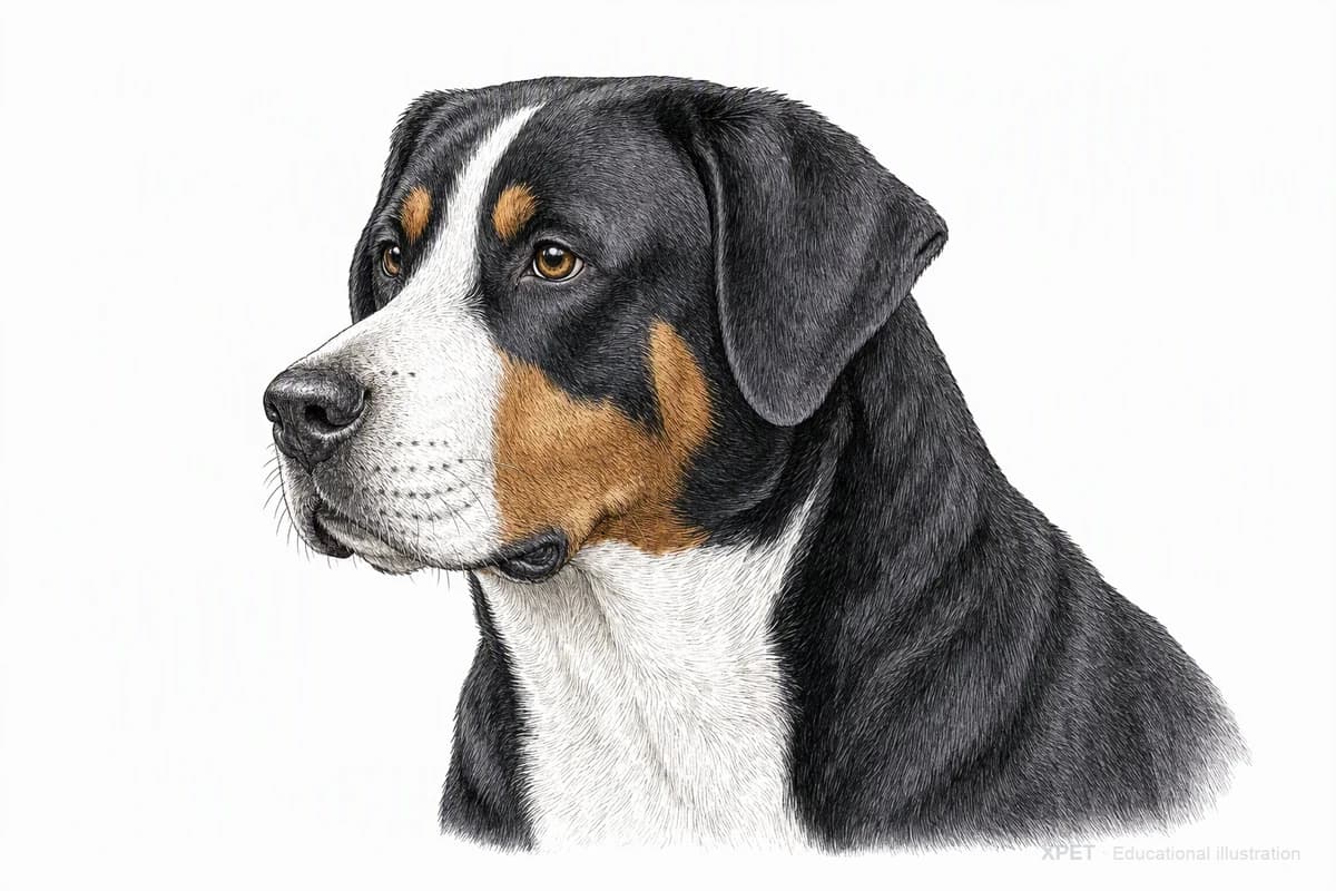 Original XPET engraving and watercolor illustration of Greater Swiss Mountain Dog: a head and coat detail study.