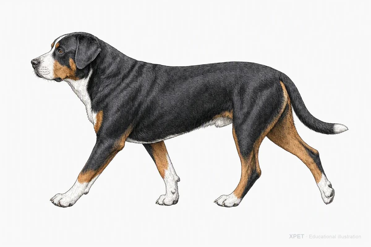 Original XPET engraving and watercolor illustration of Greater Swiss Mountain Dog: a natural movement study.