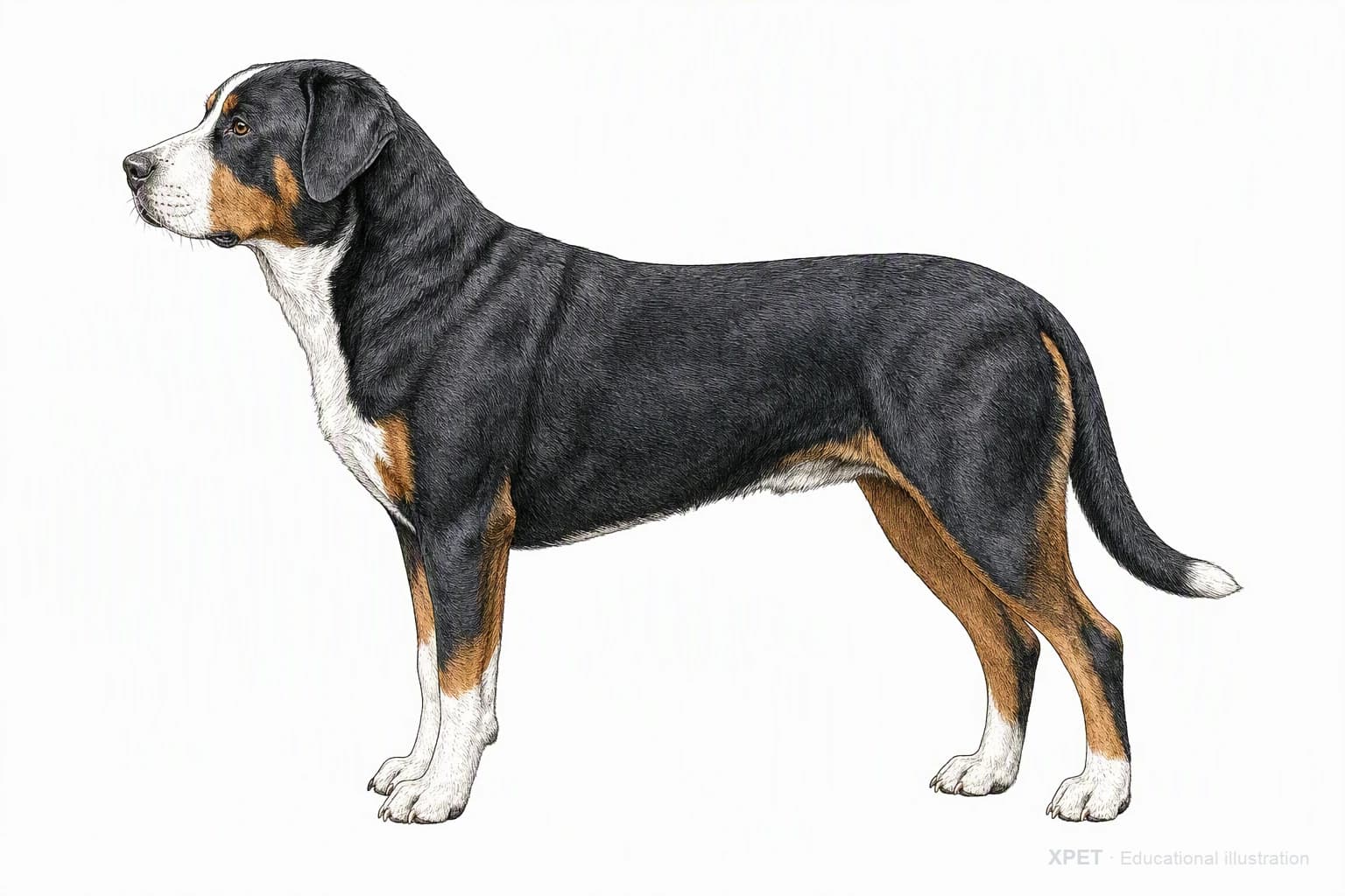 Original XPET engraving and watercolor illustration of Greater Swiss Mountain Dog: an adult in left-facing profile.