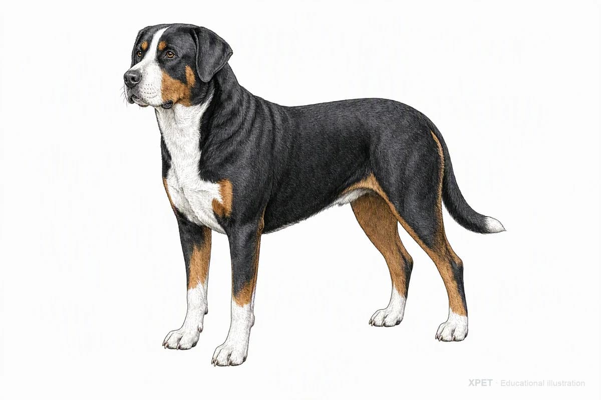 Original XPET engraving and watercolor illustration of Greater Swiss Mountain Dog: a complete three-quarter standing view.