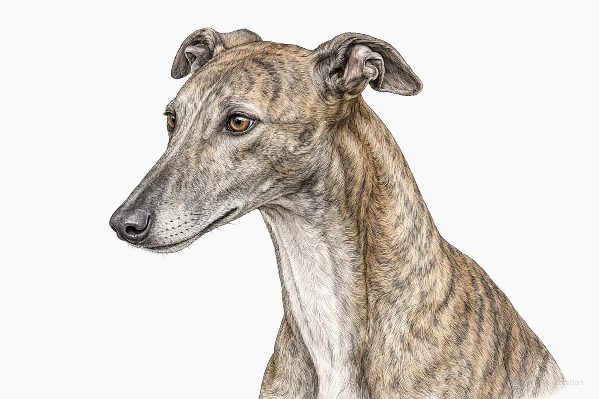 Original XPET engraving and watercolor illustration of Greyhound: a head and coat detail study.