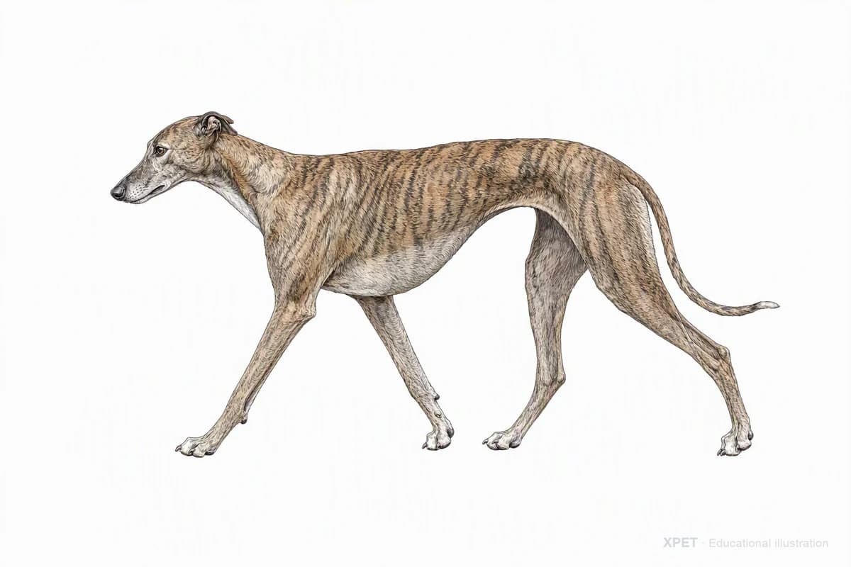 Original XPET engraving and watercolor illustration of Greyhound: a natural movement study.