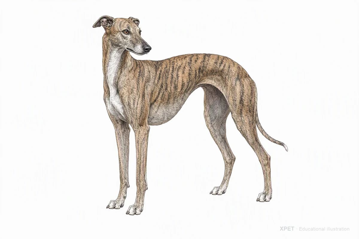 Original XPET engraving and watercolor illustration of Greyhound: a complete three-quarter standing view.