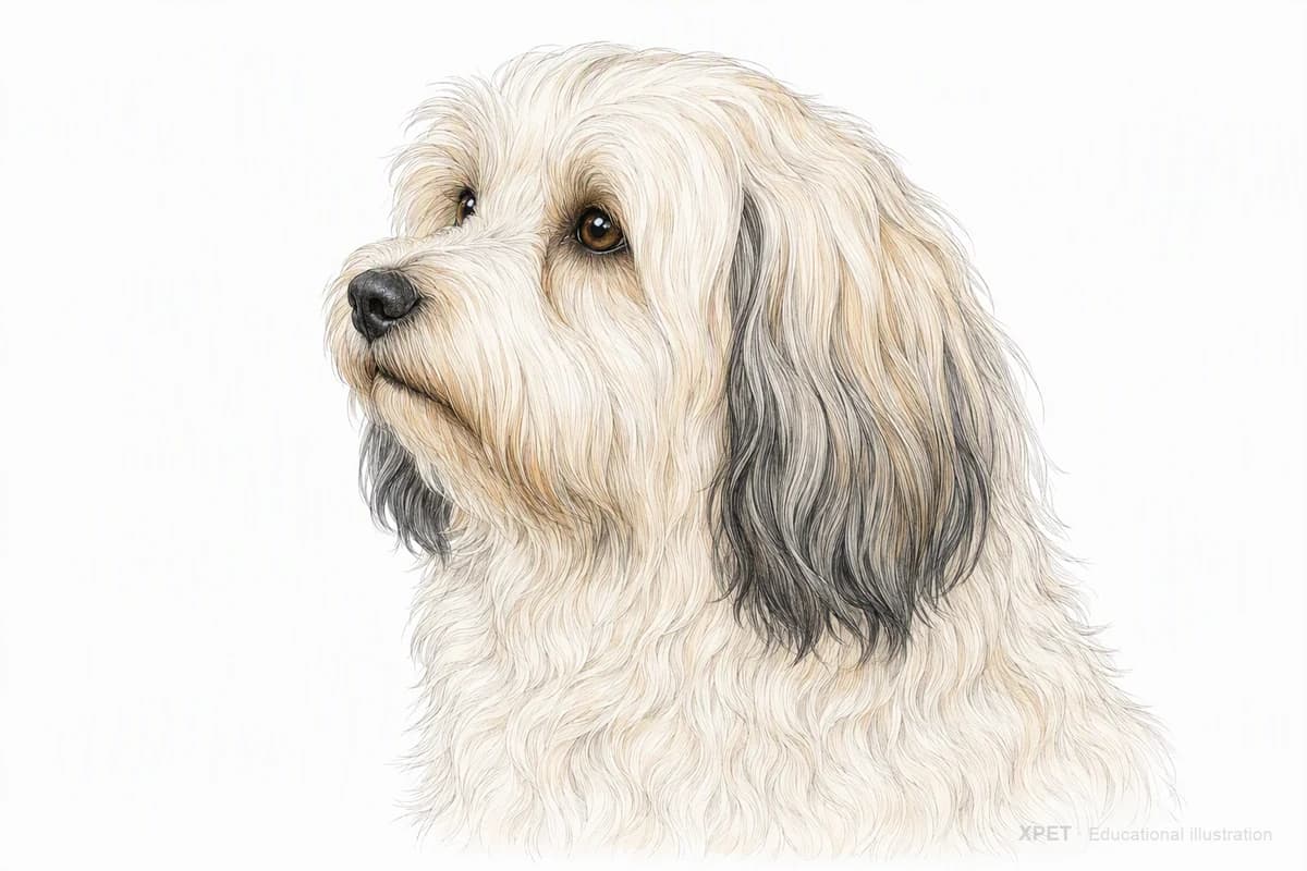 Original XPET engraving and watercolor illustration of Havanese: a head and coat detail study.