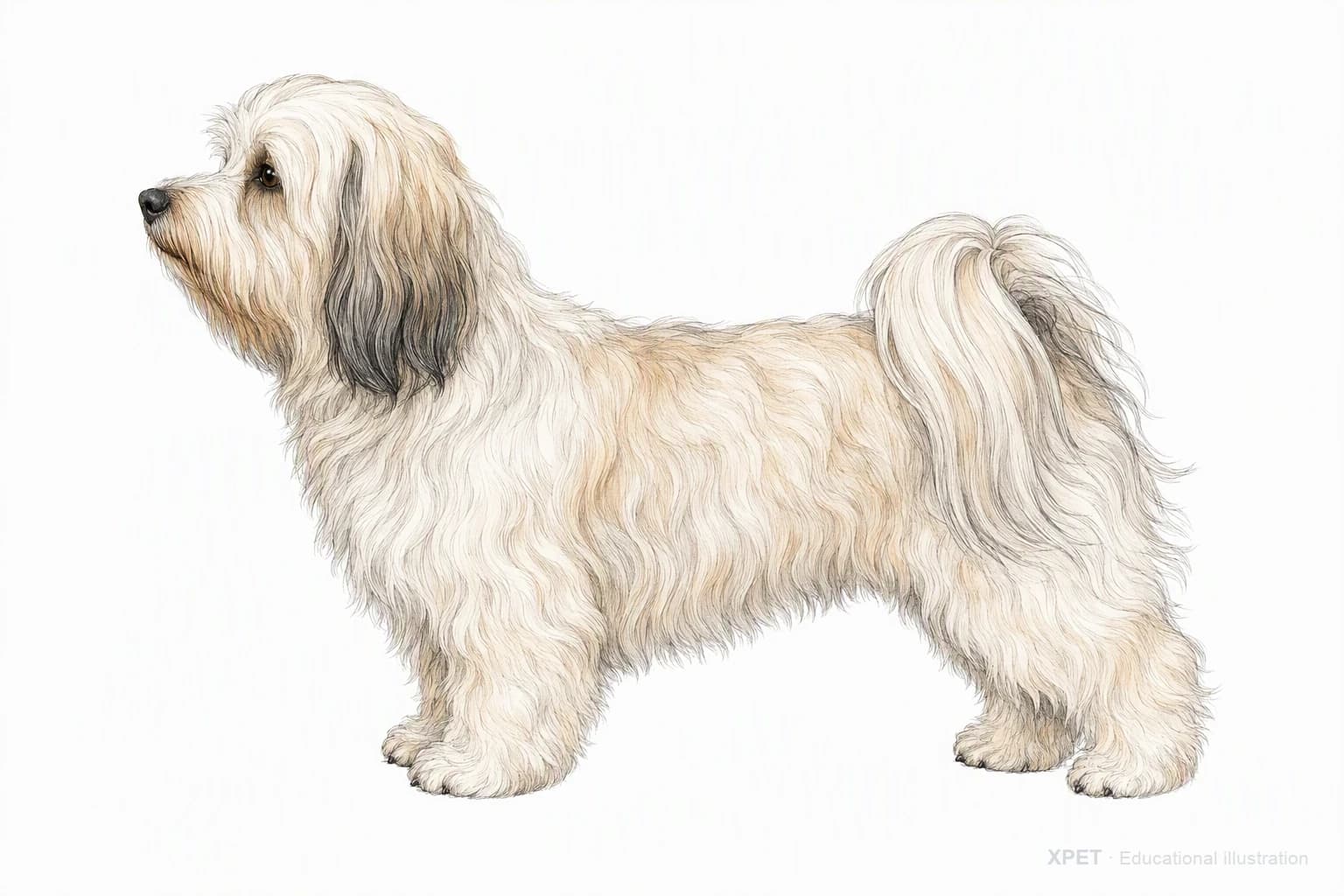 Original XPET engraving and watercolor illustration of Havanese: an adult in left-facing profile.