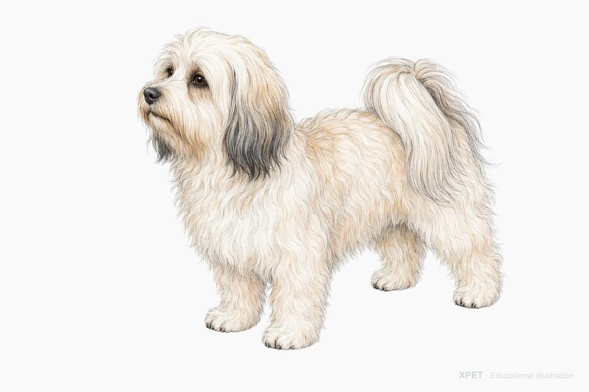 Original XPET engraving and watercolor illustration of Havanese: a complete three-quarter standing view.
