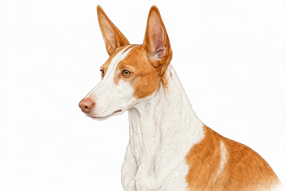 Original XPET engraving and watercolor illustration of Ibizan Hound: a head and coat detail study.