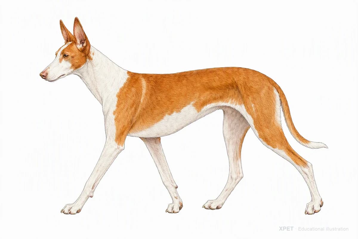 Original XPET engraving and watercolor illustration of Ibizan Hound: a natural movement study.