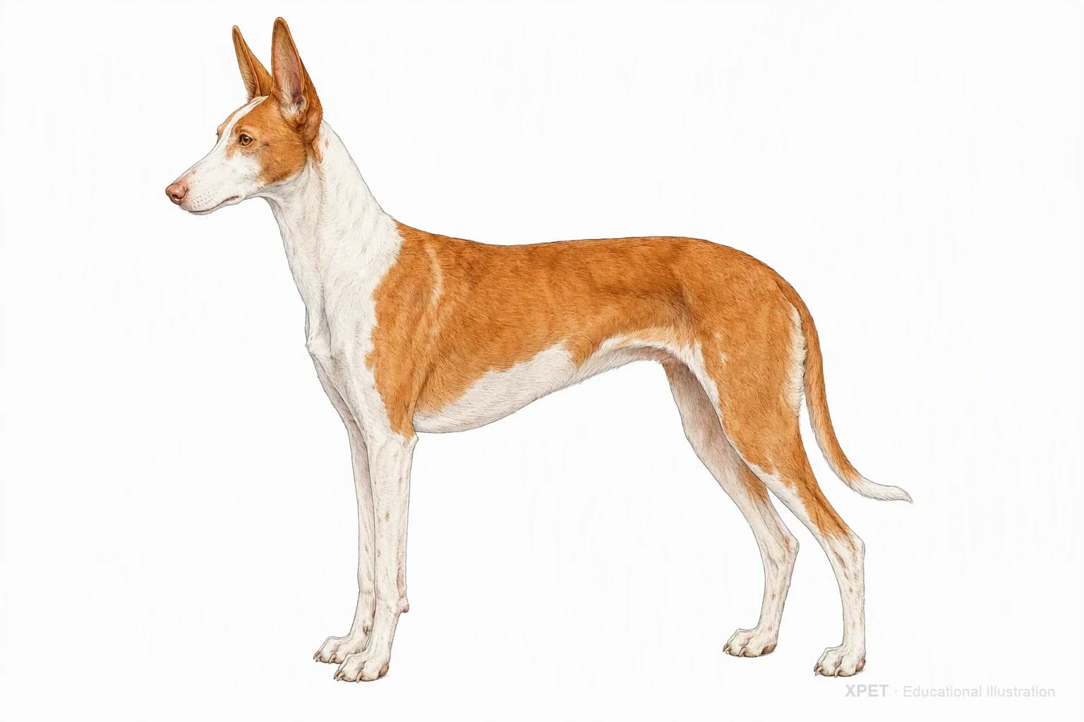 Original XPET engraving and watercolor illustration of Ibizan Hound: an adult in left-facing profile.