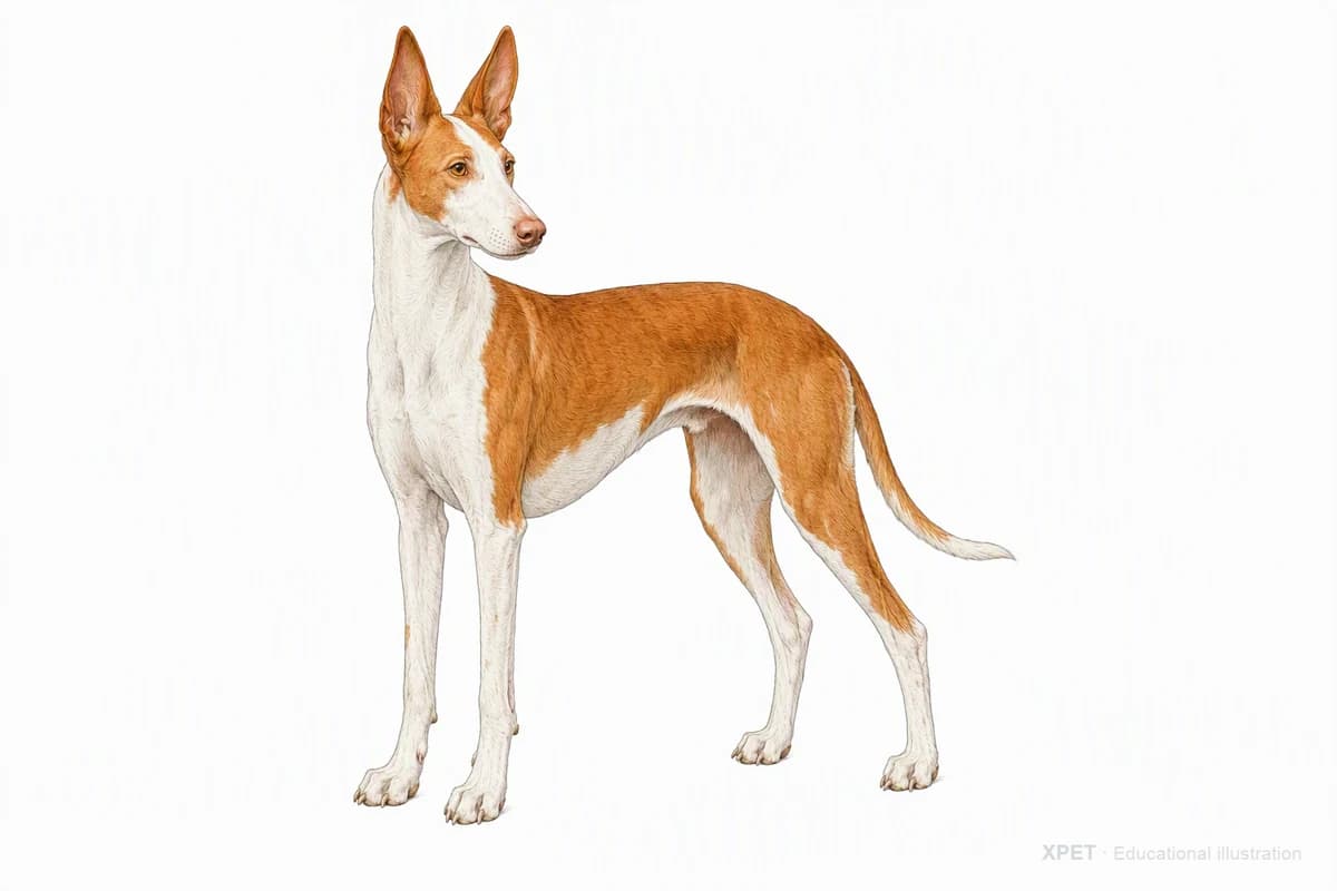 Original XPET engraving and watercolor illustration of Ibizan Hound: a complete three-quarter standing view.