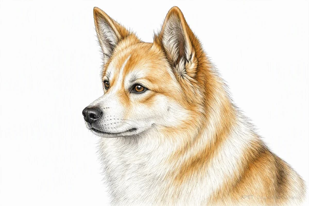 Original XPET engraving and watercolor illustration of Icelandic Sheepdog: a head and coat detail study.