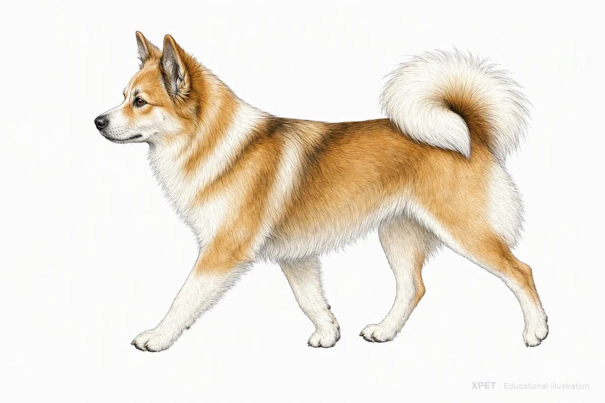 Original XPET engraving and watercolor illustration of Icelandic Sheepdog: a natural movement study.