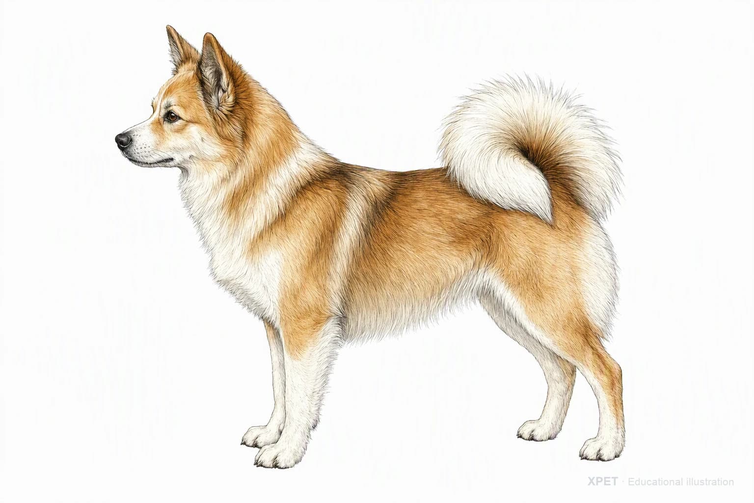 Original XPET engraving and watercolor illustration of Icelandic Sheepdog: an adult in left-facing profile.