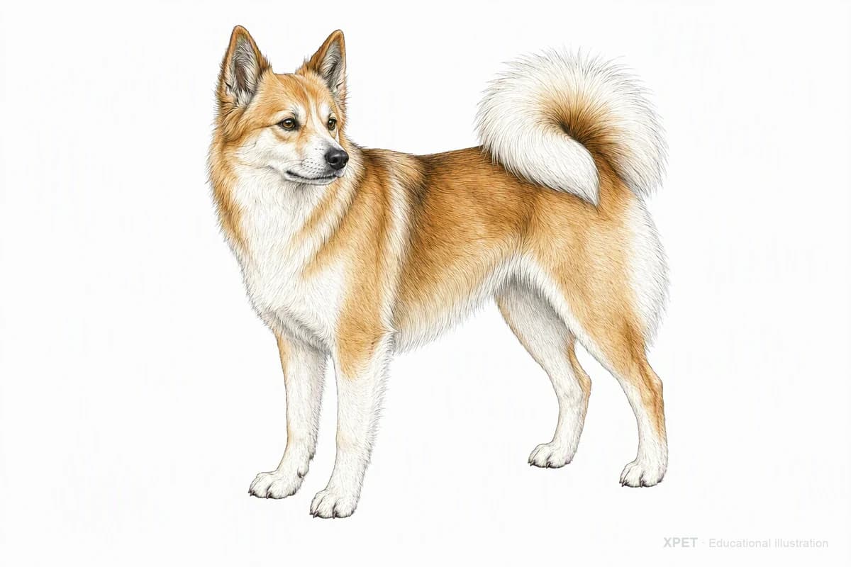 Original XPET engraving and watercolor illustration of Icelandic Sheepdog: a complete three-quarter standing view.