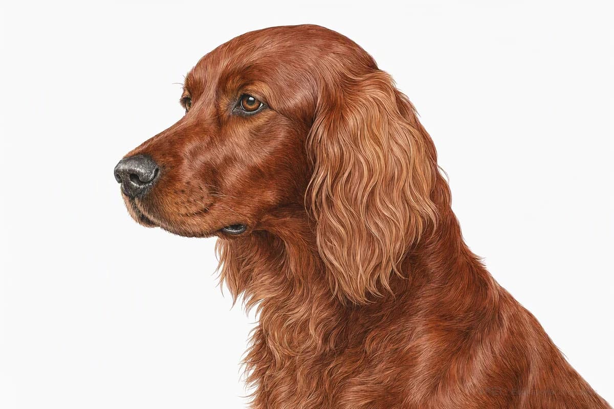 Original XPET engraving and watercolor illustration of Irish Setter: a head and coat detail study.
