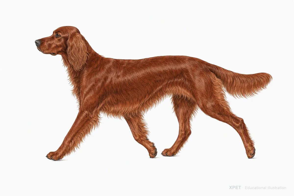 Original XPET engraving and watercolor illustration of Irish Setter: a natural movement study.