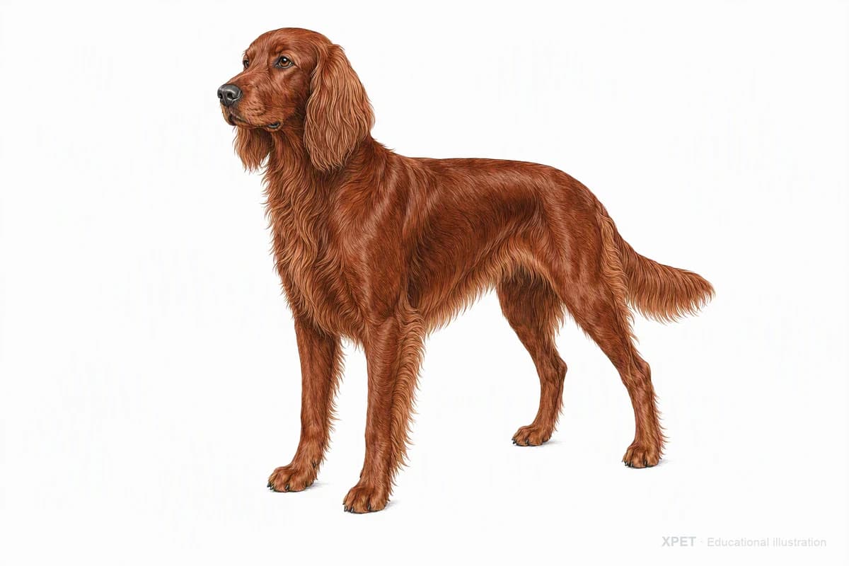 Original XPET engraving and watercolor illustration of Irish Setter: a complete three-quarter standing view.