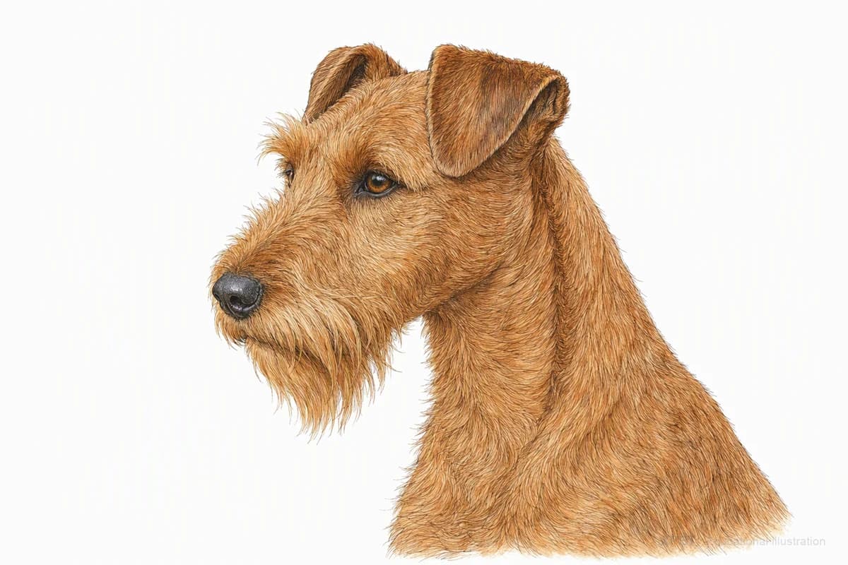 Original XPET engraving and watercolor illustration of Irish Terrier: a head and coat detail study.