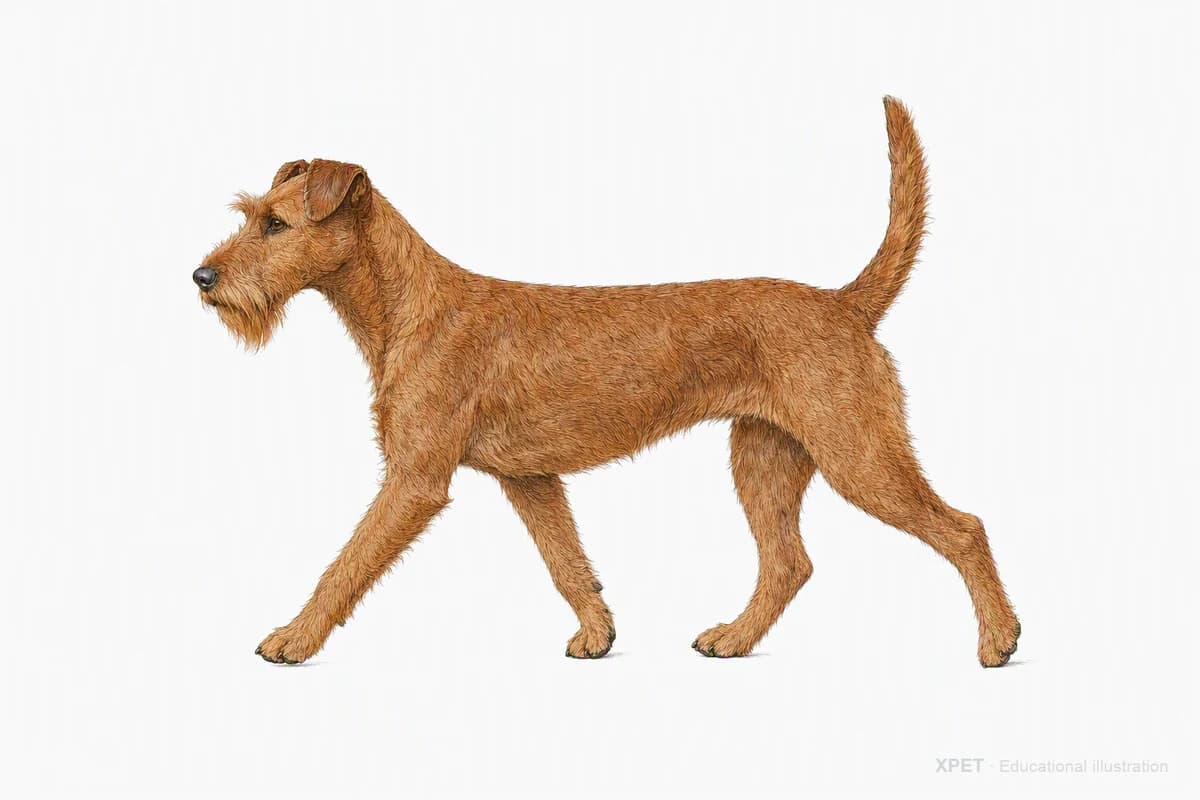 Original XPET engraving and watercolor illustration of Irish Terrier: a natural movement study.