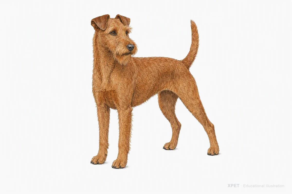 Original XPET engraving and watercolor illustration of Irish Terrier: a complete three-quarter standing view.