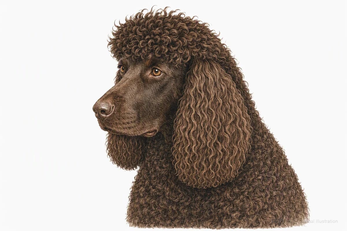Original XPET engraving and watercolor illustration of Irish Water Spaniel: a head and coat detail study.