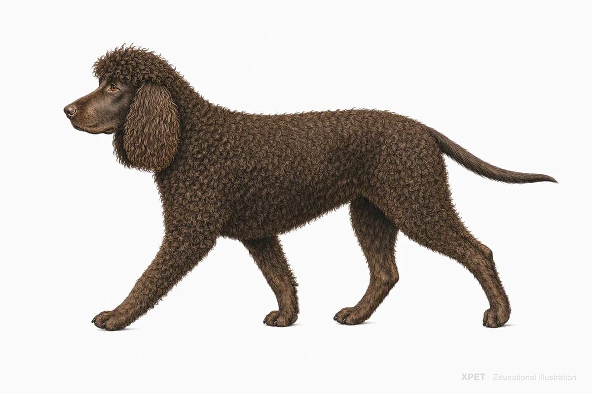 Original XPET engraving and watercolor illustration of Irish Water Spaniel: a natural movement study.