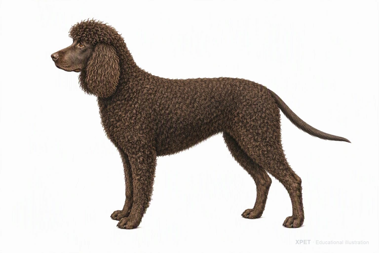 Original XPET engraving and watercolor illustration of Irish Water Spaniel: an adult in left-facing profile.