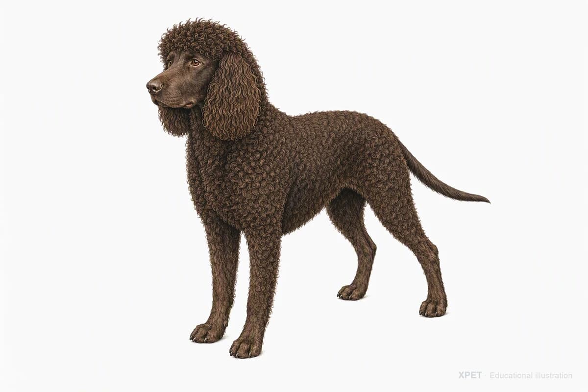 Original XPET engraving and watercolor illustration of Irish Water Spaniel: a complete three-quarter standing view.