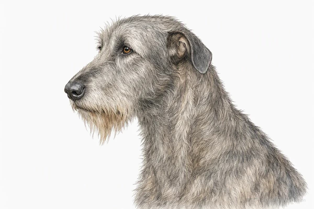 Original XPET engraving and watercolor illustration of Irish Wolfhound: a head and coat detail study.