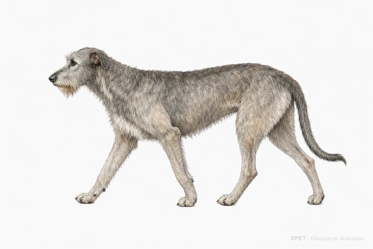 Original XPET engraving and watercolor illustration of Irish Wolfhound: a natural movement study.